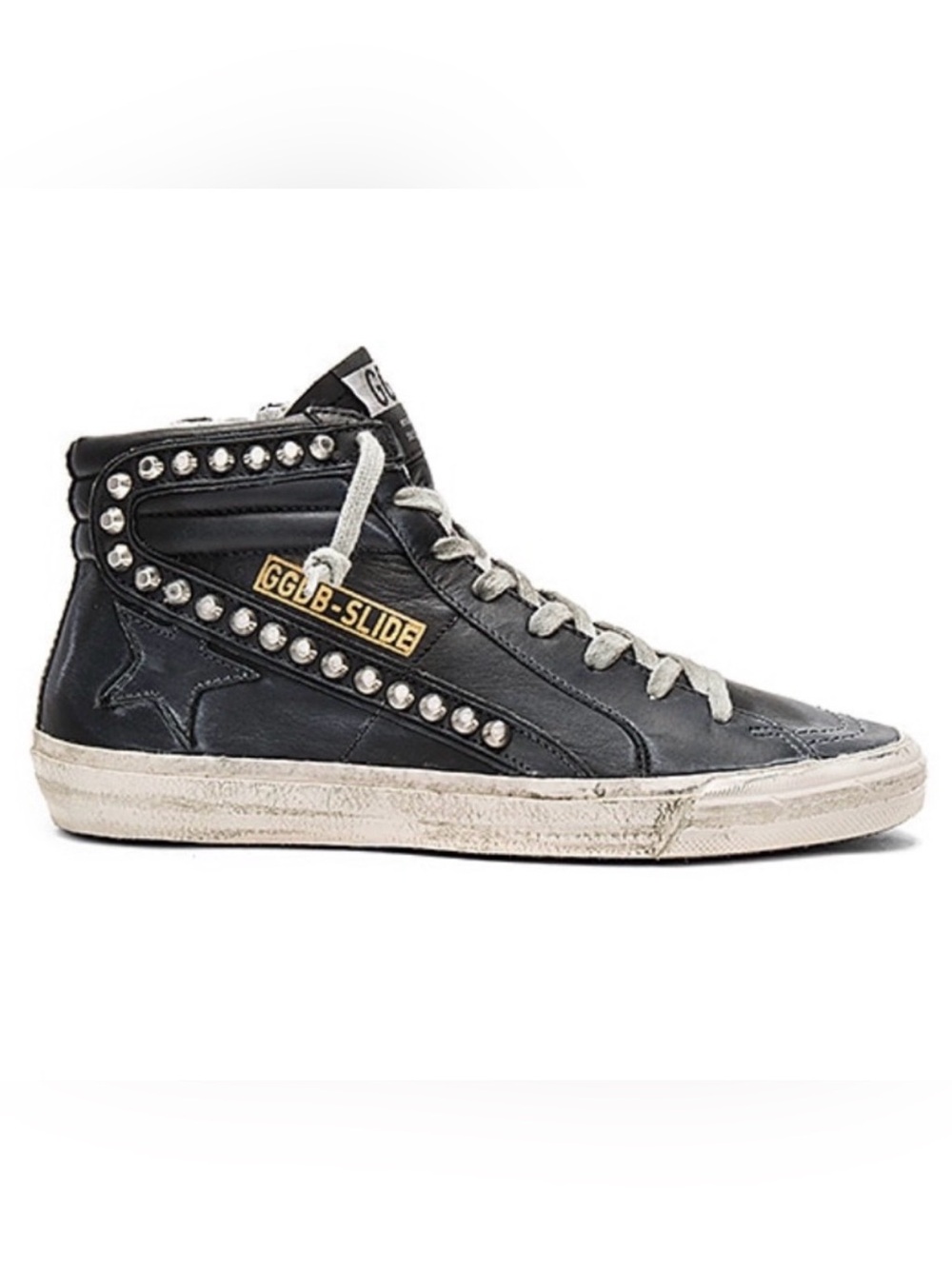 GOLDEN GOOSE High Top Slide Sneakers in Black Leather with Studs.